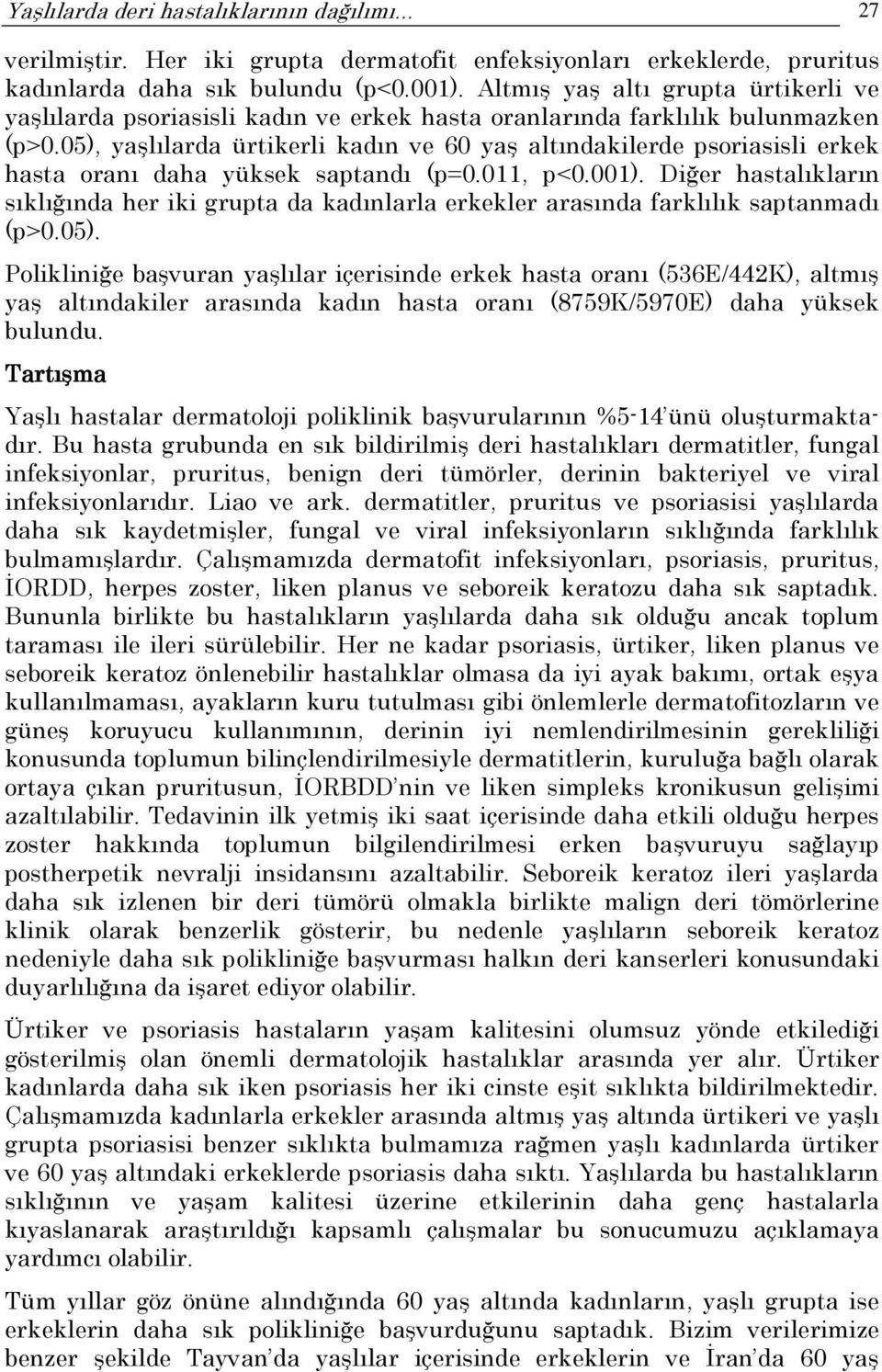 05), yaşlılarda ürtikerli kadın ve 60 yaş altındakilerde psoriasisli erkek hasta oranı daha yüksek saptandı (p=0.011, p<0.001).