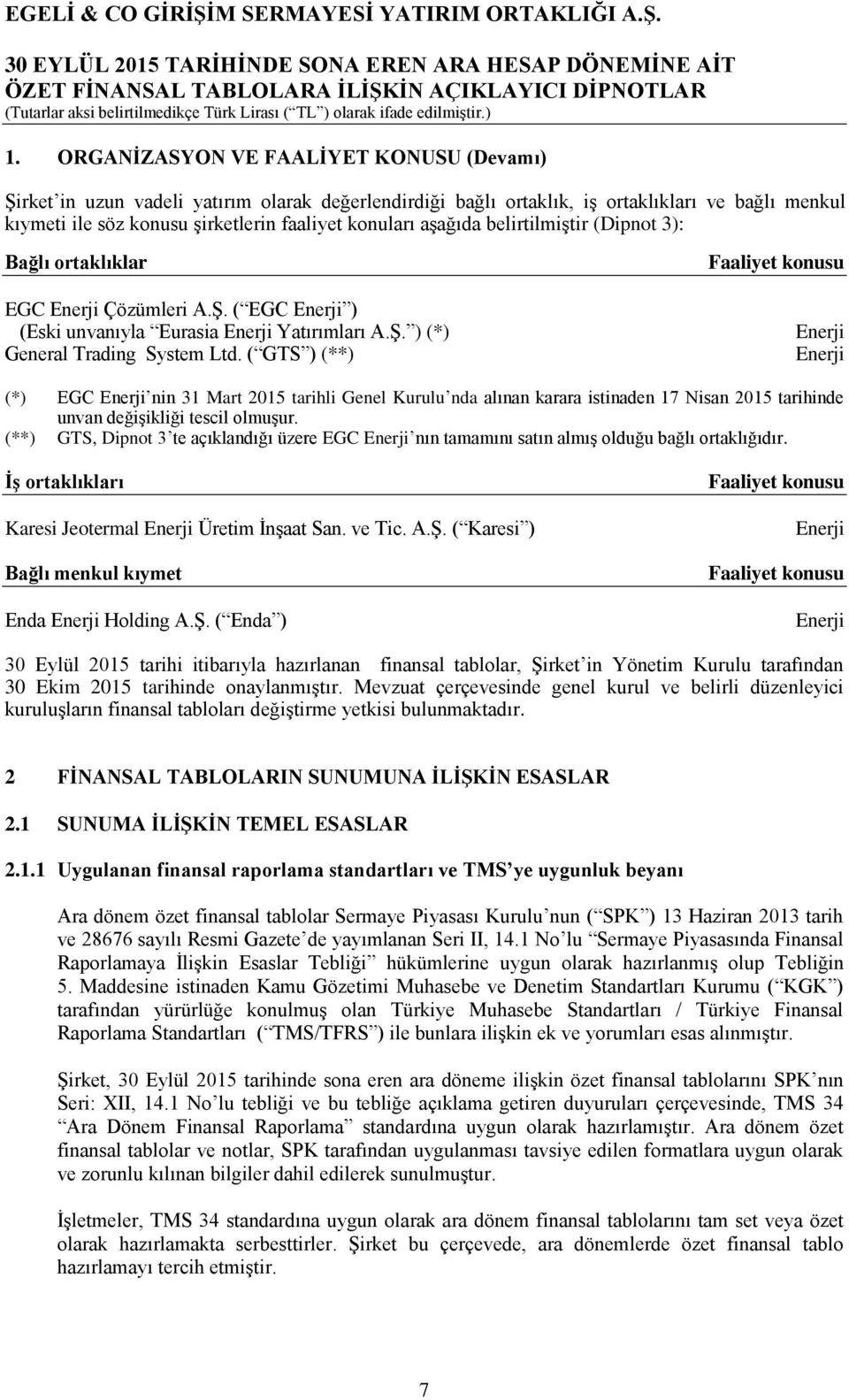 ( GTS ) (**) Faaliyet konusu Enerji Enerji (*) EGC Enerji nin 31 Mart 2015 tarihli Genel Kurulu nda alınan karara istinaden 17 Nisan 2015 tarihinde unvan değişikliği tescil olmuşur.