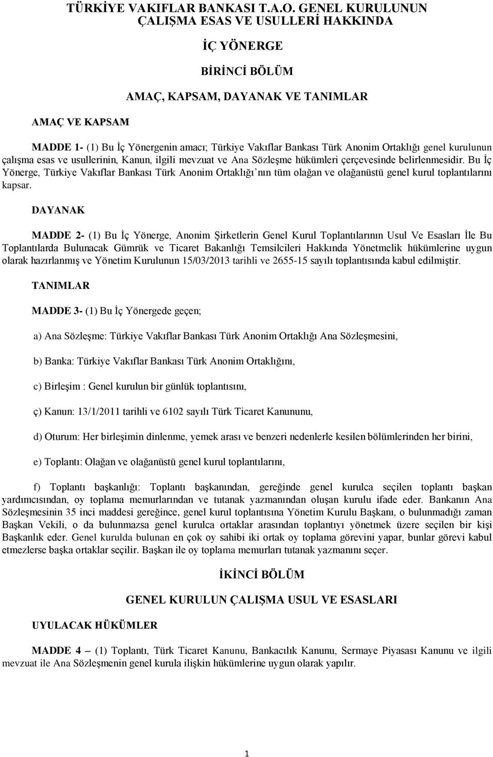 Ortaklığı genel kurulunun çalışma esas ve usullerinin, Kanun, ilgili mevzuat ve Ana Sözleşme hükümleri çerçevesinde belirlenmesidir.