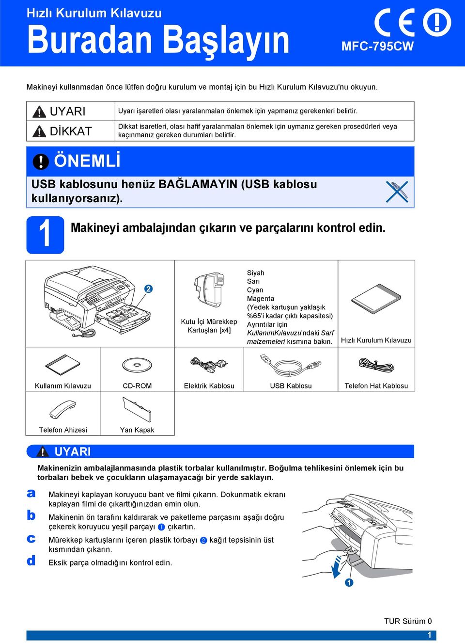 Mkineyi USB klosunu henüz BAĞLAMAYIN (USB klosu kullnıyorsnız). mljındn çıkrın ve prçlrını kontrol edin.