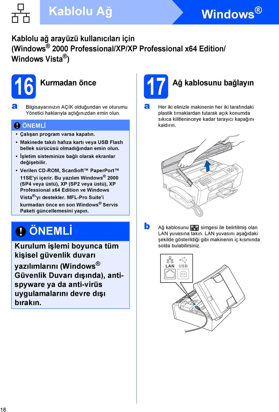 Verilen CD-ROM, SnSoft PperPort SE'yi içerir. Bu yzılım Windows 2000 (SP4 vey üstü), XP (SP2 vey üstü), XP Professionl x64 Edition ve Windows Vist 'yı destekler.