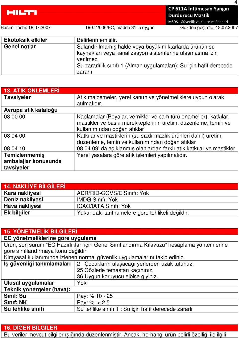 Avrupa atık kataloğu 08 00 00 Kaplamalar (Boyalar, vernikler ve cam türü enameller), katkılar, mastikler ve baskı mürekkeplerinin üretim, düzenleme, temin ve kullanımından doğan atıklar 08 04 00