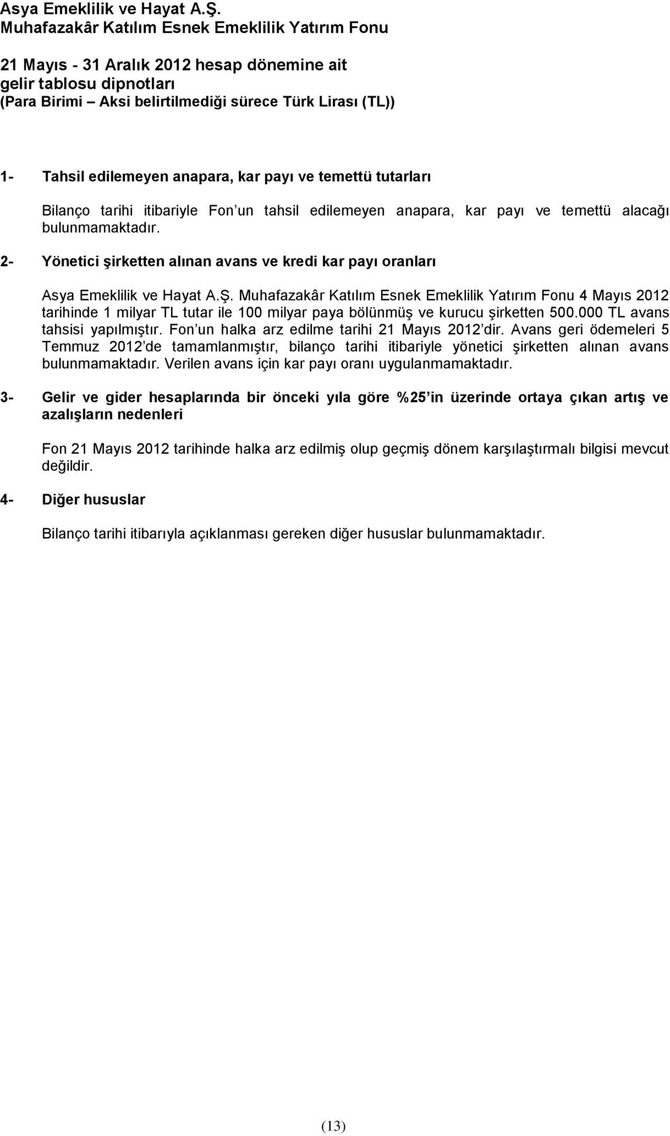 4 Mayıs 2012 tarihinde 1 milyar TL tutar ile 100 milyar paya bölünmüş ve kurucu şirketten 500.000 TL avans tahsisi yapılmıştır. Fon un halka arz edilme tarihi 21 Mayıs 2012 dir.