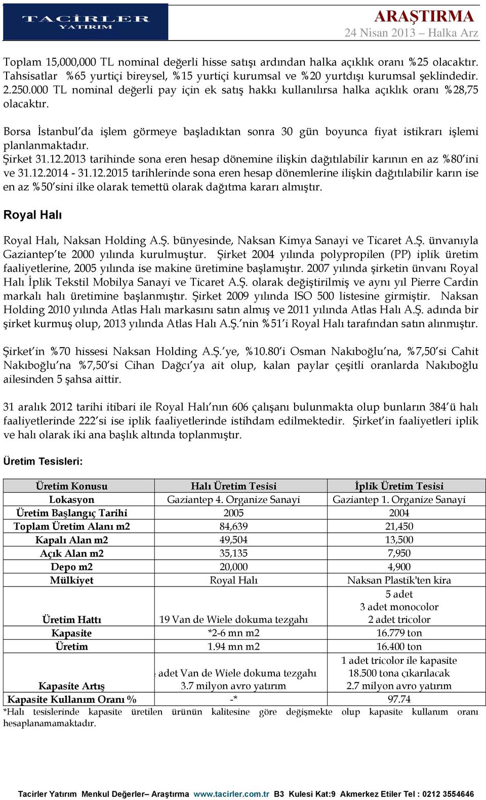 Borsa İstanbul da işlem görmeye başladıktan sonra 30 gün boyunca fiyat istikrarı işlemi planlanmaktadır. Şirket 31.12.