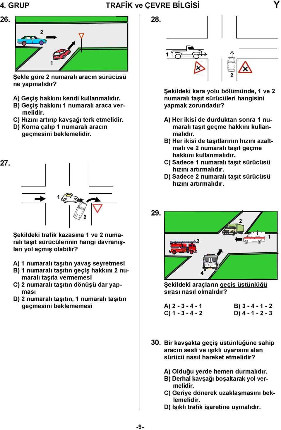 A) Her ikisi de durduktan sonra numaralı taşıt geçme hakkını kullanmalıdır. B) Her ikisi de taşıtlarının hızını azaltmalı ve 2 numaralı taşıt geçme hakkını kullanmalıdır.