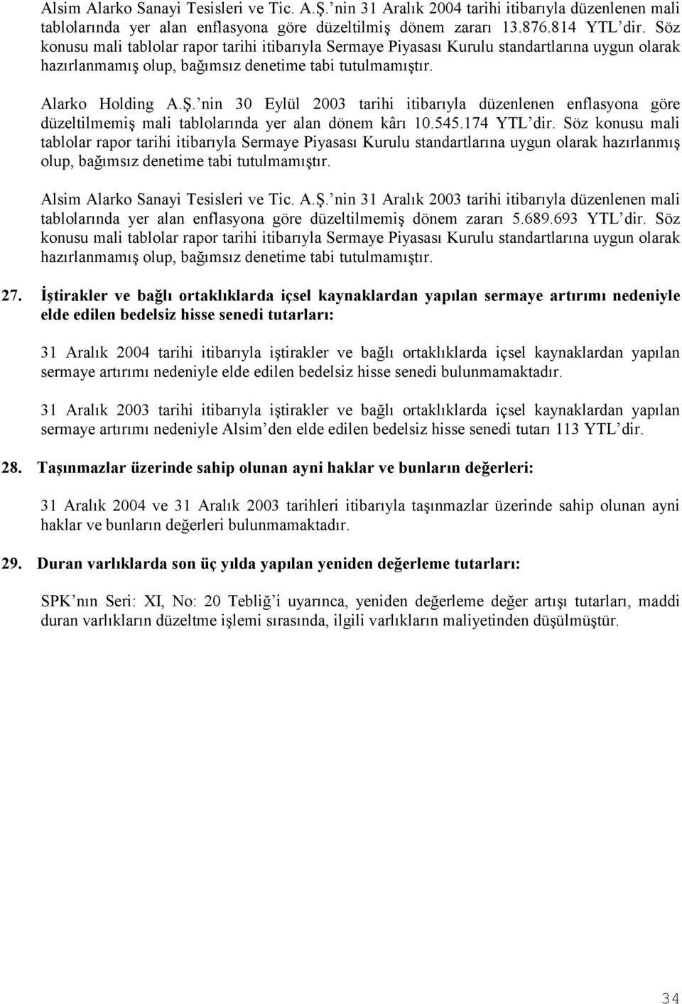 nin 30 Eylül 2003 tarihi itibarõyla düzenlenen enflasyona göre düzeltilmemiş mali tablolarõnda yer alan dönem kârõ 10.545.174 YTL dir.