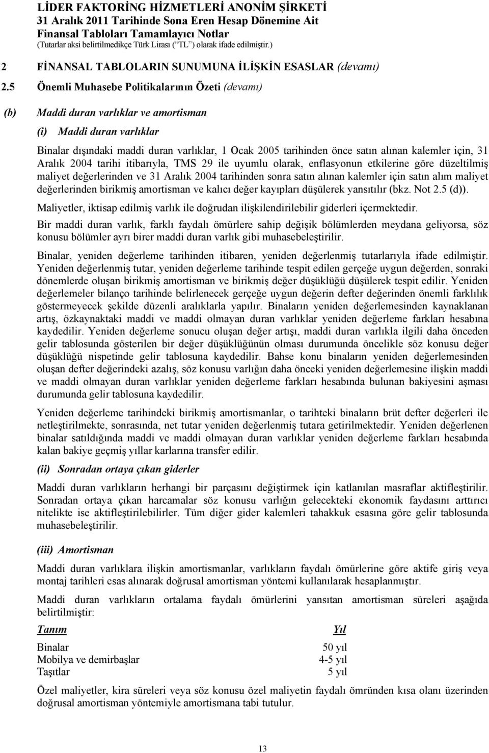 kalemler için, 31 Aralık 2004 tarihi itibarıyla, TMS 29 ile uyumlu olarak, enflasyonun etkilerine göre düzeltilmiş maliyet değerlerinden ve 31 Aralık 2004 tarihinden sonra satın alınan kalemler için