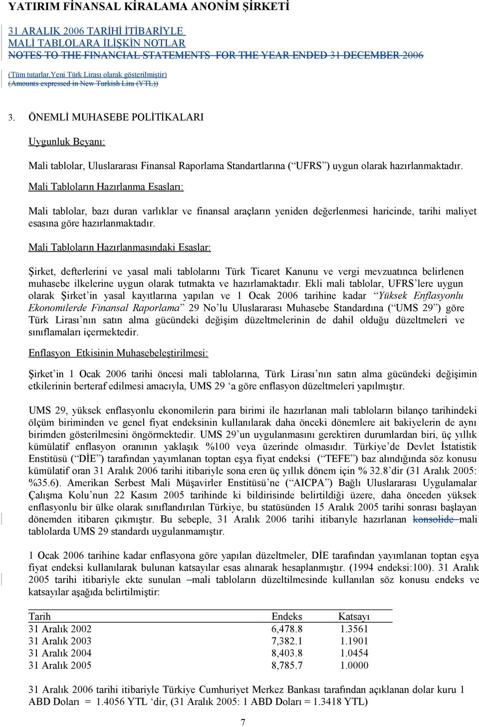 Mali Tabloların Hazırlanmasında ki Esaslar: Şirket, defterlerini ve yasal mali tablolarını Türk Ticaret Kanunu ve vergi mevzuatınca belirlenen muhasebe ilkelerine uygun olarak tutmakta ve