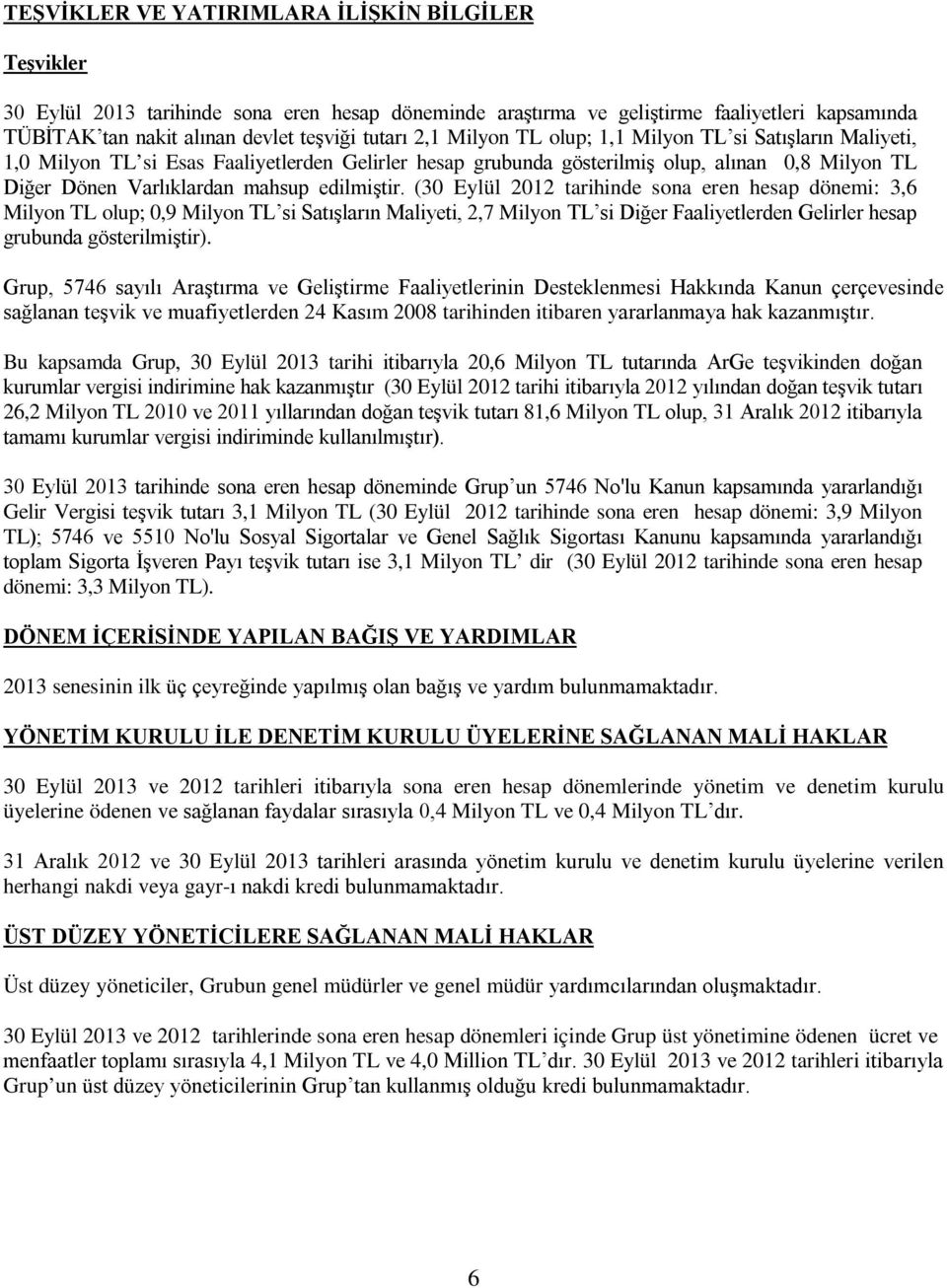 edilmiştir. (30 Eylül 2012 tarihinde sona eren hesap dönemi: 3,6 Milyon TL olup; 0,9 Milyon TL si Satışların Maliyeti, 2,7 Milyon TL si Diğer Faaliyetlerden Gelirler hesap grubunda gösterilmiştir).