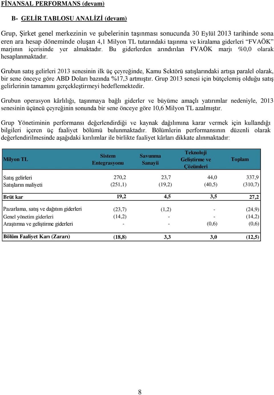 Grubun satış gelirleri 2013 senesinin ilk üç çeyreğinde, Kamu Sektörü satışlarındaki artışa paralel olarak, bir sene önceye göre ABD Doları bazında %17,3 artmıştır.