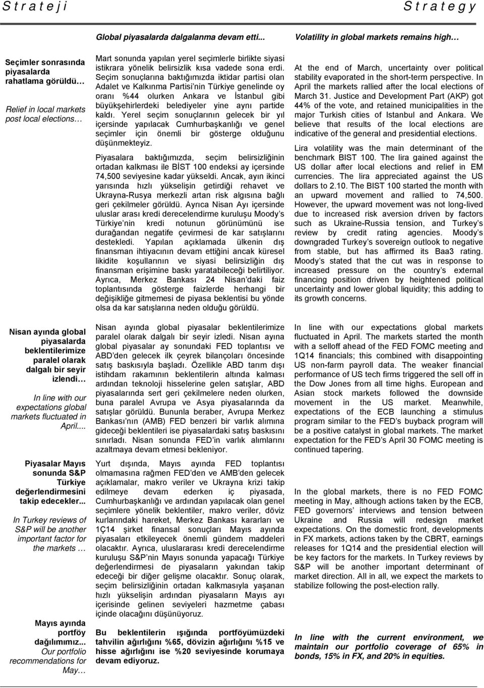 .. In Turkey reviews of S&P will be another important factor for the markets Mayıs ayında portföy dağılımımız... Our portfolio recommendations for May Global piyasalarda dalgalanma devam etti.