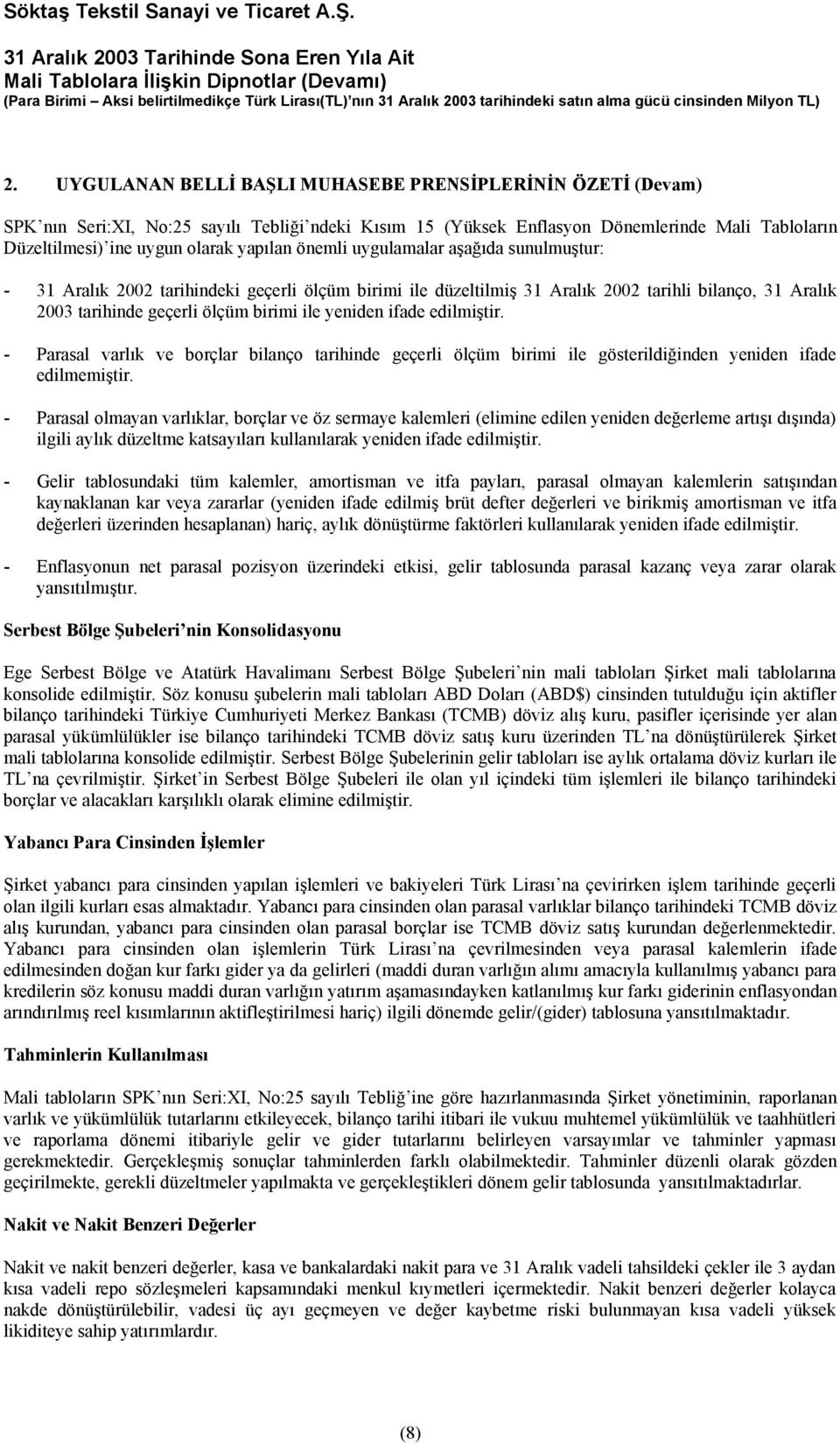 yeniden ifade edilmiştir. - Parasal varlık ve borçlar bilanço tarihinde geçerli ölçüm birimi ile gösterildiğinden yeniden ifade edilmemiştir.