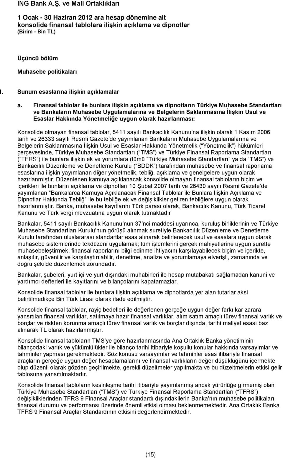 Yönetmeliğe uygun olarak hazırlanması: Konsolide olmayan finansal tablolar, 5411 sayılı Bankacılık Kanunu na ilişkin olarak 1 Kasım 2006 tarih ve 26333 sayılı Resmi Gazete de yayımlanan Bankaların