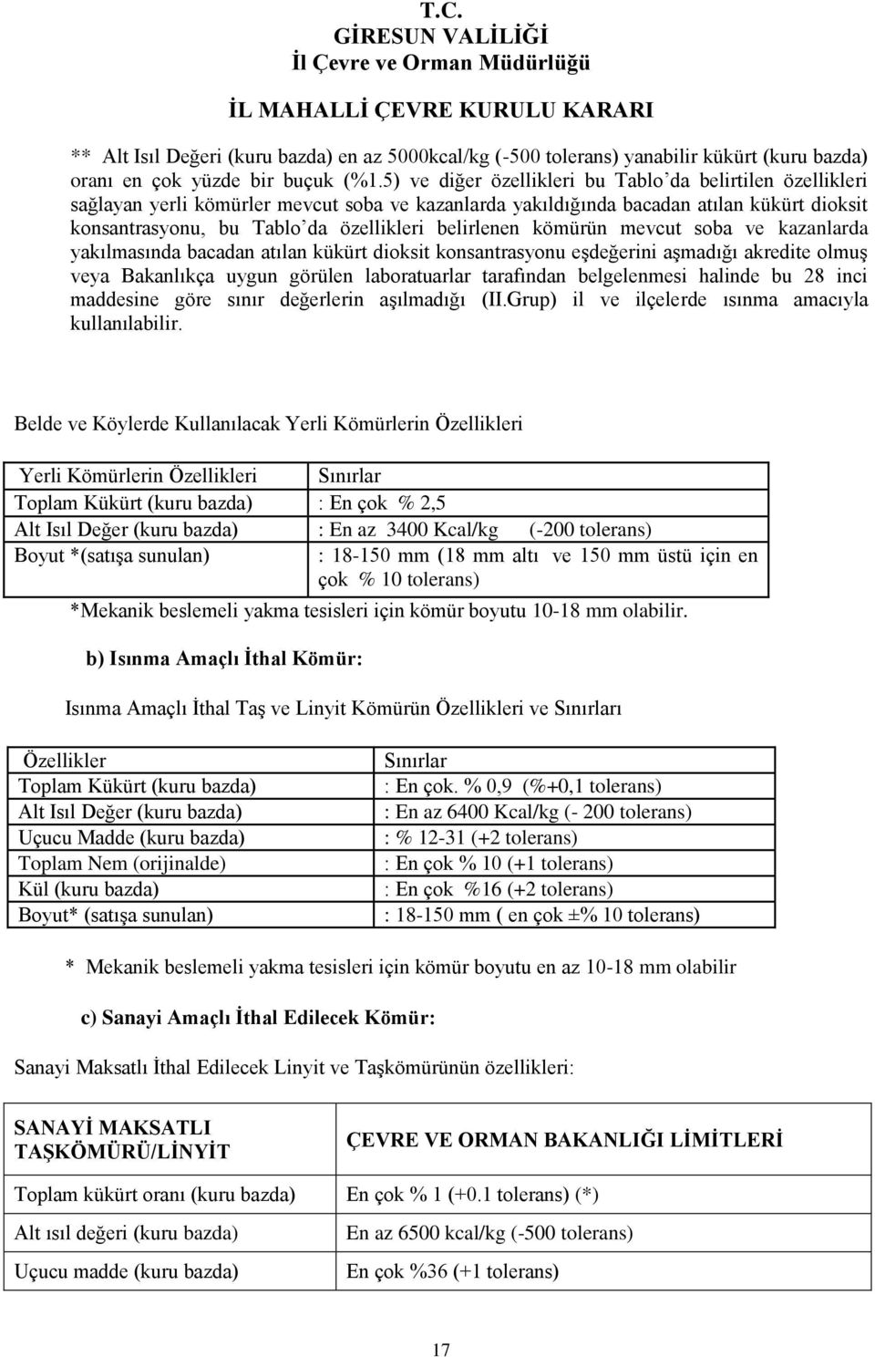 belirlenen kömürün mevcut soba ve kazanlarda yakılmasında bacadan atılan kükürt dioksit konsantrasyonu eşdeğerini aşmadığı akredite olmuş veya Bakanlıkça uygun görülen laboratuarlar tarafından