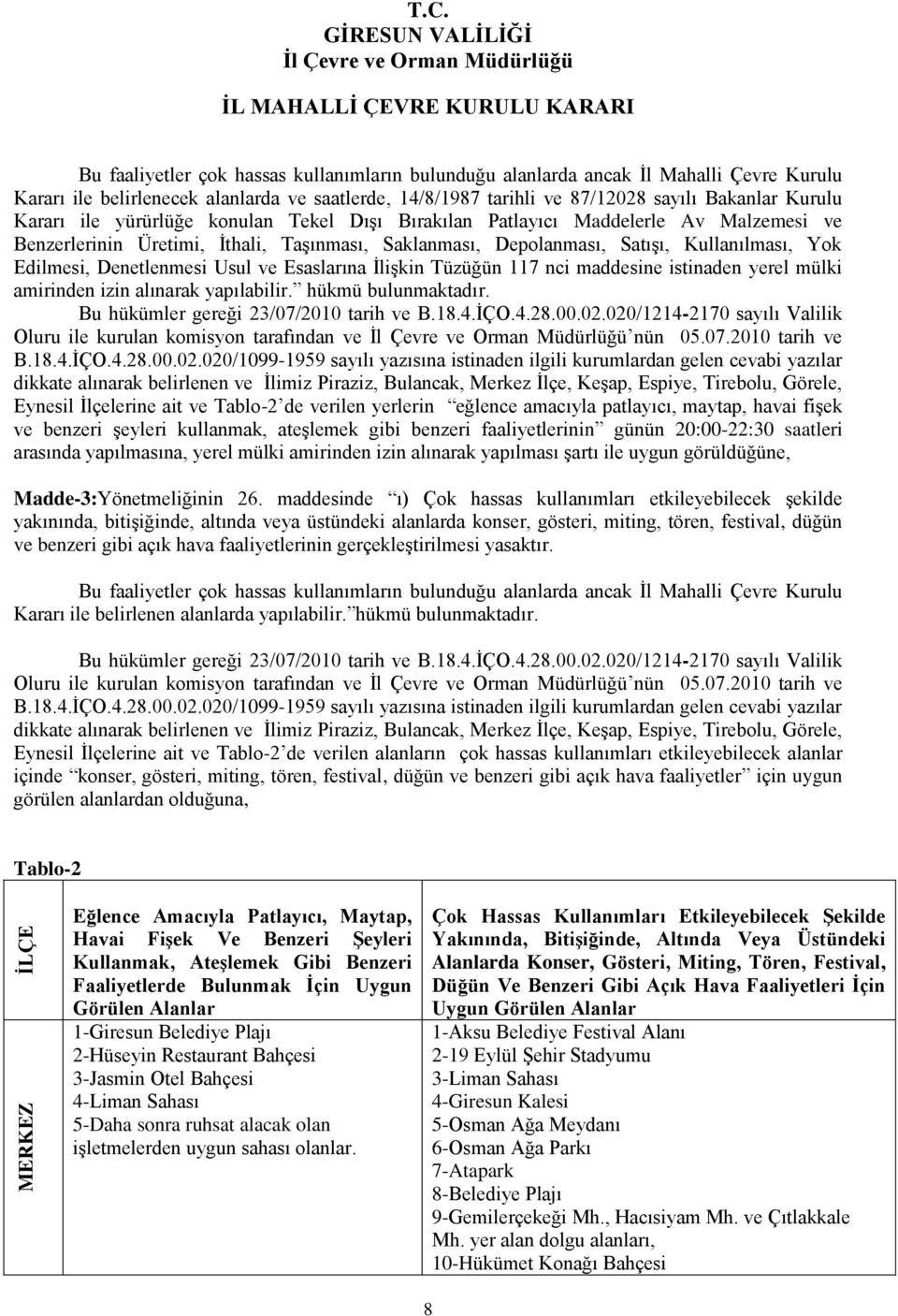 Denetlenmesi Usul ve Esaslarına İlişkin Tüzüğün 117 nci maddesine istinaden yerel mülki amirinden izin alınarak yapılabilir. hükmü bulunmaktadır. Bu hükümler gereği 23/07/2010 tarih ve B.18.4.İÇO.4.28.