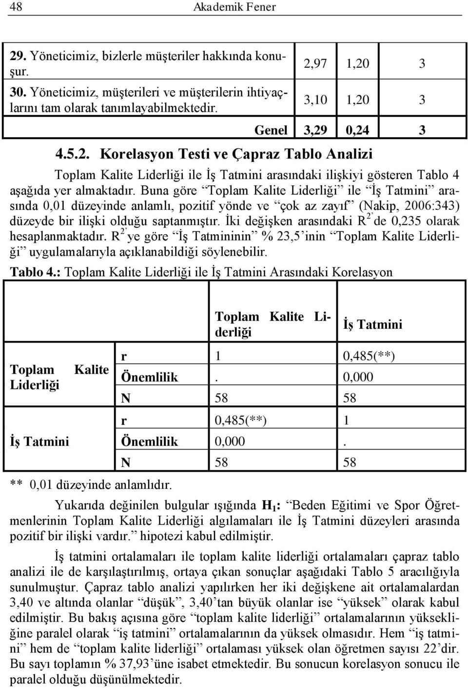 Buna göre Toplam Kalite Liderliği ile ĠĢ Tatmini arasında 0,01 düzeyinde anlamlı, pozitif yönde ve çok az zayıf (Nakip, 2006:343) düzeyde bir iliģki olduğu saptanmıģtır.