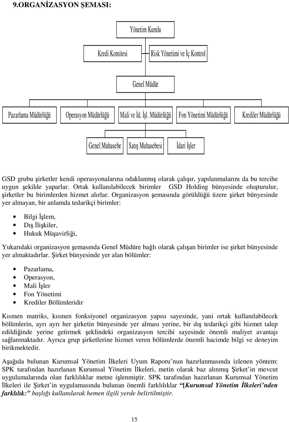yaparlar. Ortak kullanılabilecek birimler GSD Holding bünyesinde oluturulur, irketler bu birimlerden hizmet alırlar.