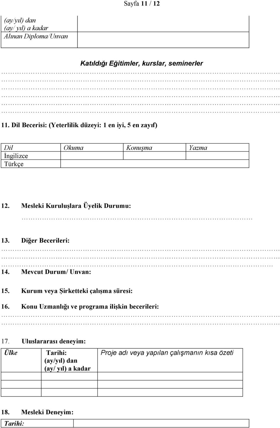 Mesleki Kuruluşlara Üyelik Durumu: 13. Diğer Becerileri: 14. Mevcut Durum/ Unvan: 15. Kurum veya Şirketteki çalışma süresi: 16.