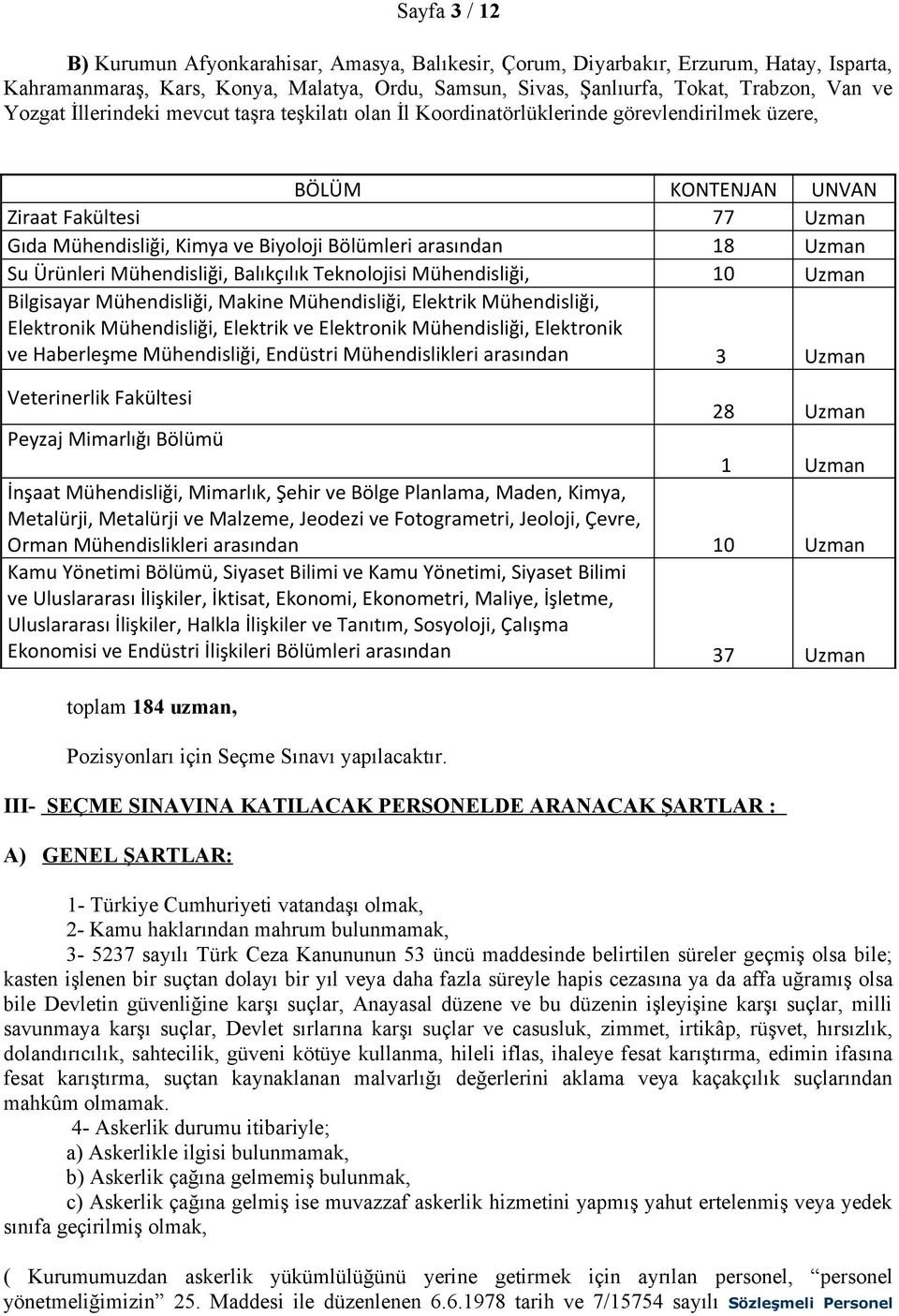 arasından 18 Uzman Su Ürünleri Mühendisliği, Balıkçılık Teknolojisi Mühendisliği, 10 Uzman Bilgisayar Mühendisliği, Makine Mühendisliği, Elektrik Mühendisliği, Elektronik Mühendisliği, Elektrik ve