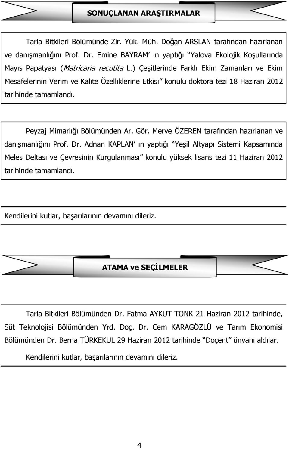 ) Çeşitlerinde Farklı Ekim Zamanları ve Ekim Mesafelerinin Verim ve Kalite Özelliklerine Etkisi konulu doktora tezi 18 Haziran 2012 tarihinde tamamlandı. Peyzaj Mimarlığı Bölümünden Ar. Gör.