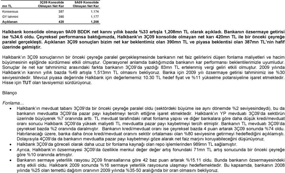 Çeyreksel performansa baktığımızda, Halkbank ın 3Ç09 konsolide olmayan net karı 420mn TL ile bir önceki çeyreğe paralel gerçekleşti.