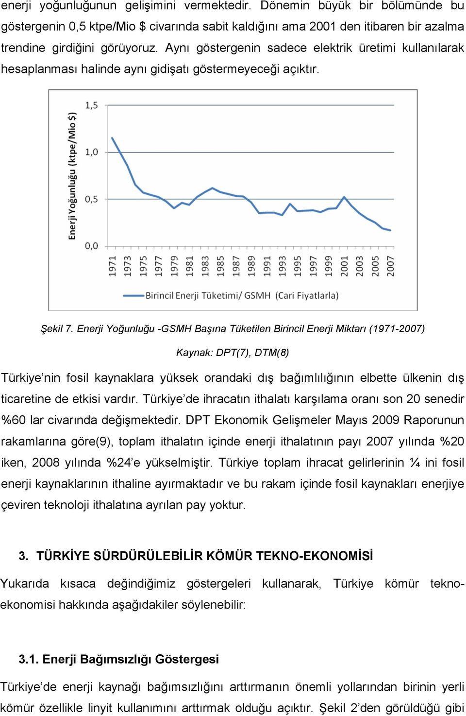 Enerji Yoğunluğu -GSMH Başına Tüketilen Birincil Enerji Miktarı (1971-2007) Kaynak: DPT(7), DTM(8) Türkiye nin fosil kaynaklara yüksek orandaki dış bağımlılığının elbette ülkenin dış ticaretine de