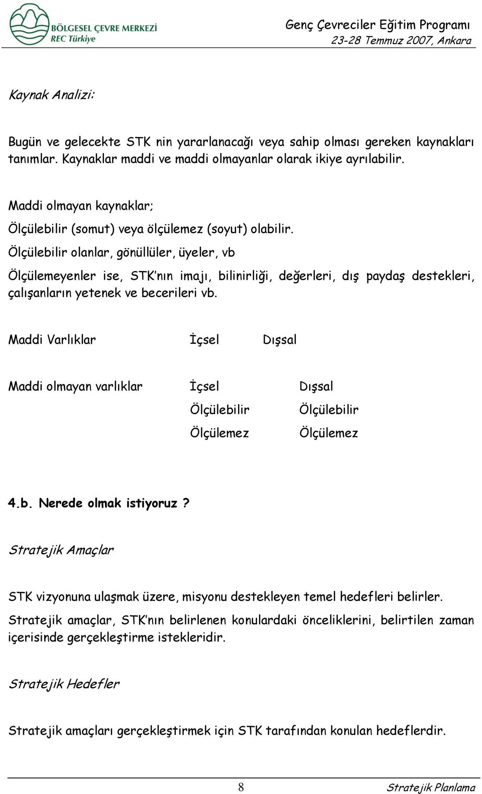 Ölçülebilir olanlar, gönüllüler, üyeler, vb Ölçülemeyenler ise, STK nın imajı, bilinirliği, değerleri, dış paydaş destekleri, çalışanların yetenek ve becerileri vb.