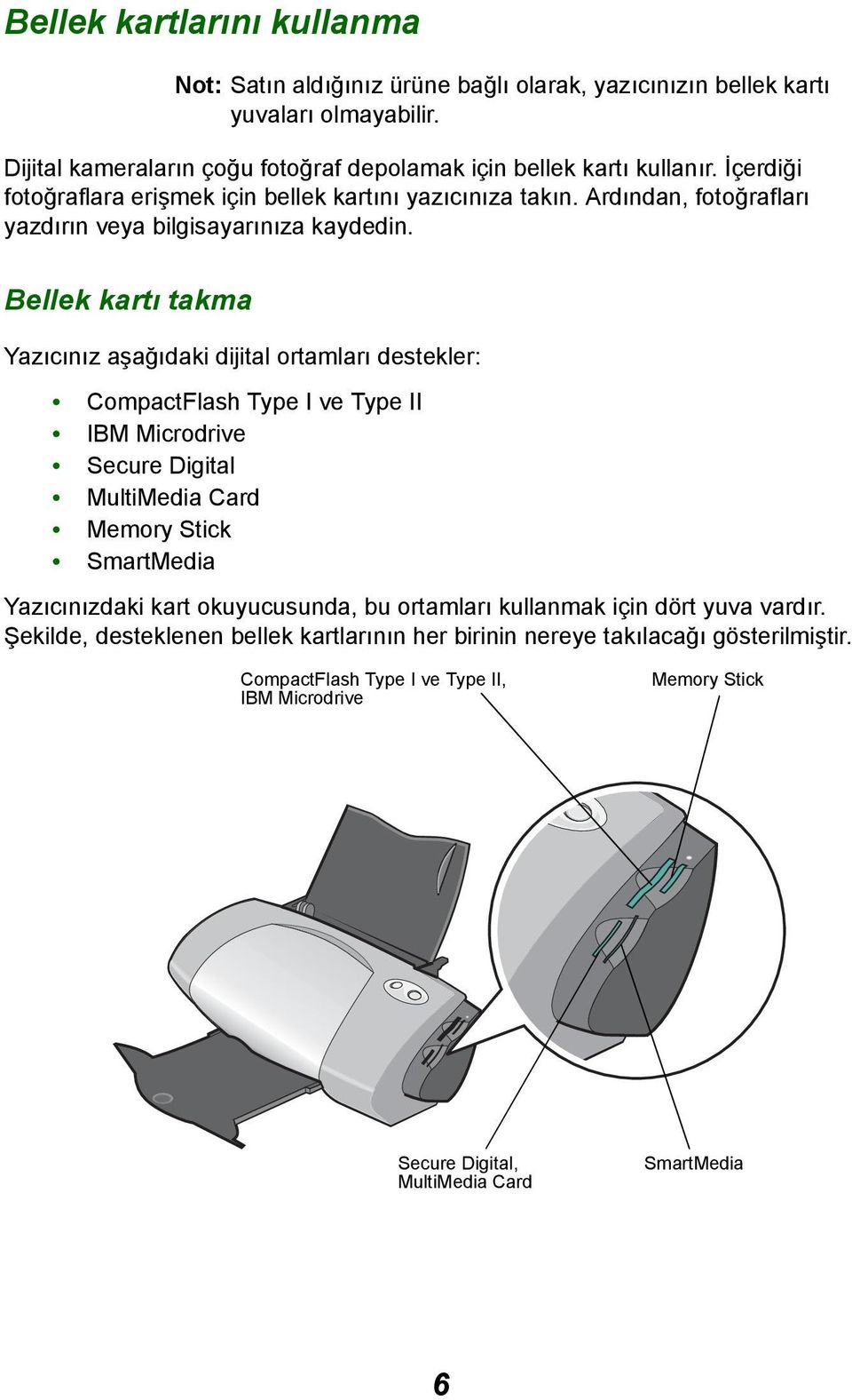 Bellek kartı takma Yazıcınız aşağıdaki dijital ortamları destekler: CompactFlash Type I ve Type II IBM Microdrive Secure Digital MultiMedia Card Memory Stick SmartMedia Yazıcınızdaki kart