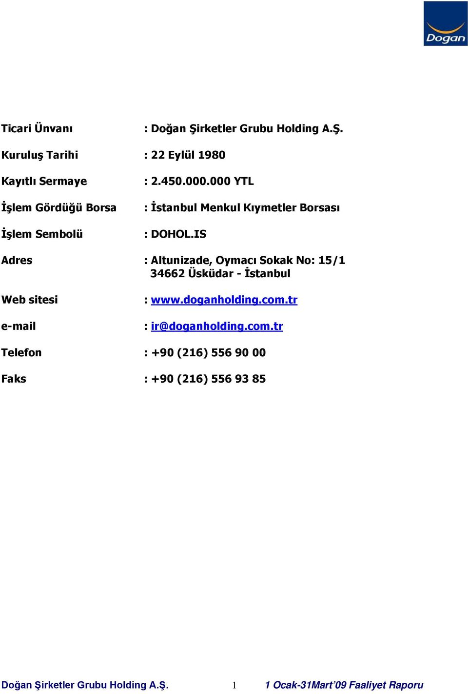 IS Adres : Altunizade, Oymacı Sokak No: 15/1 34662 Üsküdar - İstanbul Web sitesi e-mail : www.doganholding.com.