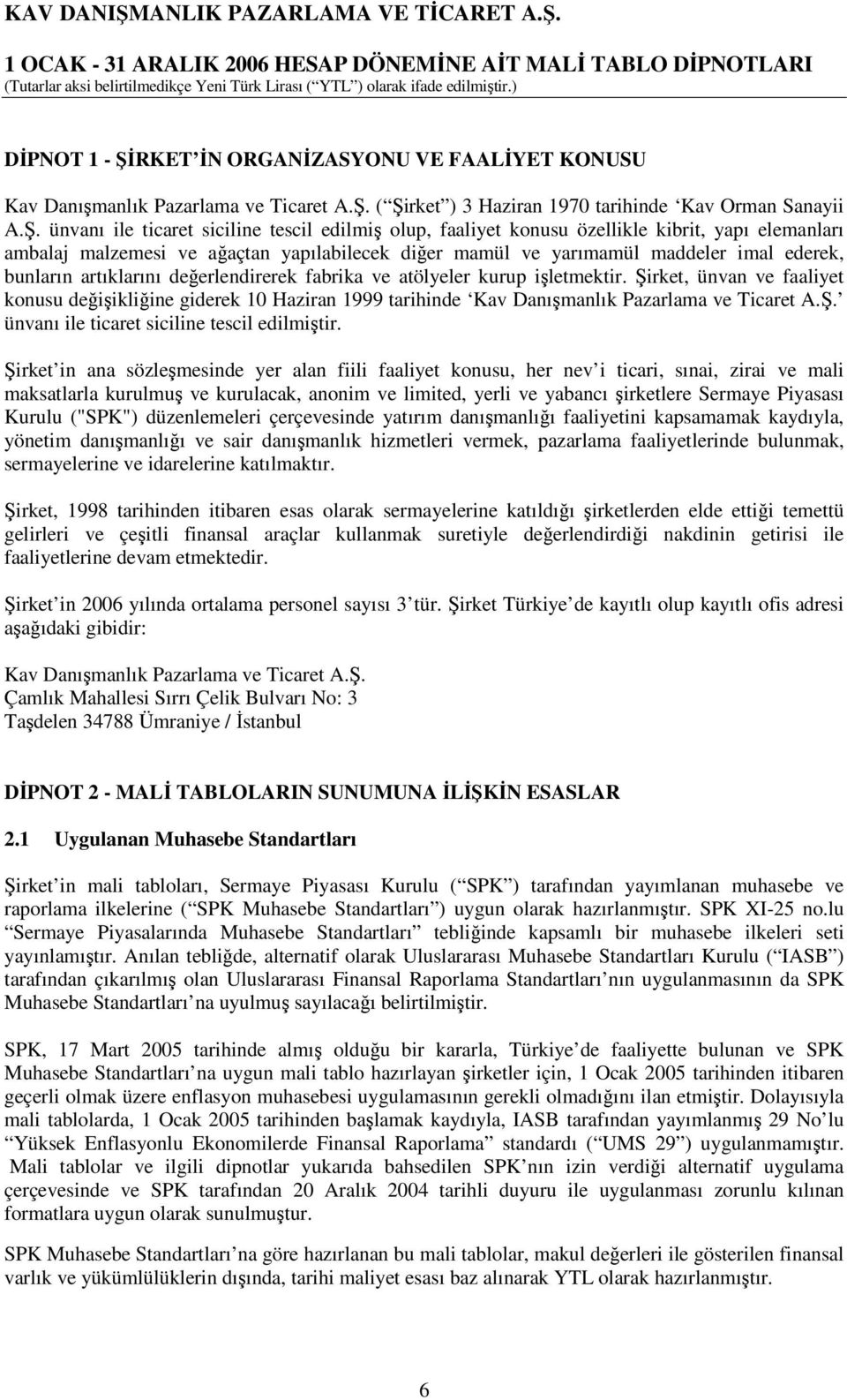 ( Şirket ) 3 Haziran 1970 tarihinde Kav Orman Sanayii A.Ş. ünvanı ile ticaret siciline tescil edilmiş olup, faaliyet konusu özellikle kibrit, yapı elemanları ambalaj malzemesi ve ağaçtan