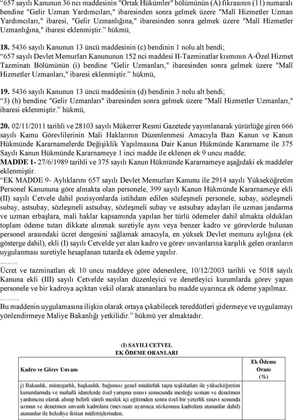 5436 sayılı Kanunun 13 üncü maddesinin (c) bendinin 1 nolu alt bendi; 657 sayılı Devlet Memurları Kanununun 152 nci maddesi II-Tazminatlar kısmının A-Özel Hizmet Tazminatı Bölümünün (i) bendine