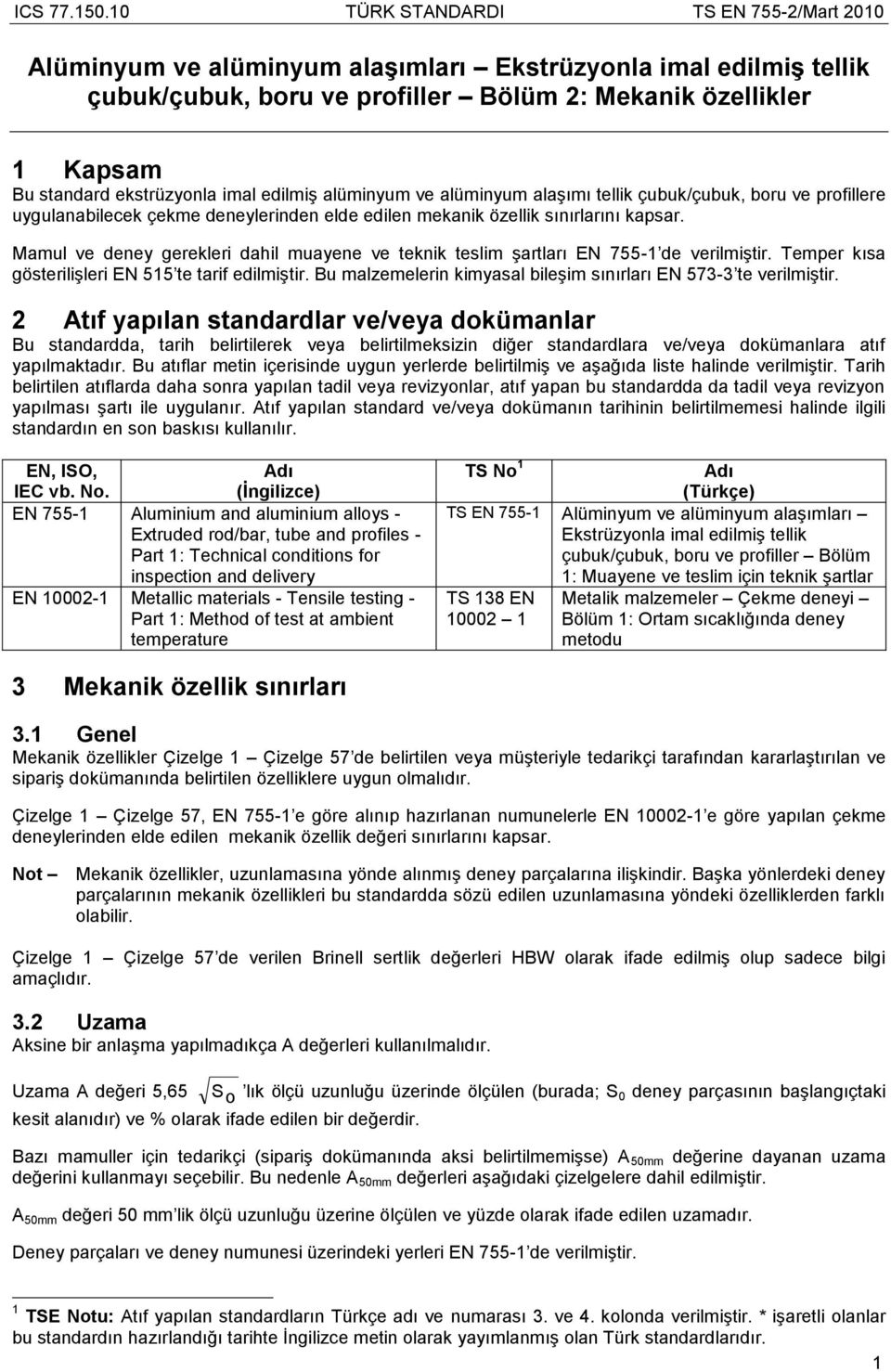 alüminyum ve alüminyum alaşımı ellik çubuk/çubuk, boru ve profillere uygulanabilecek çekme deneylerinden elde edilen mekanik özellik sınırlarını kapsar.