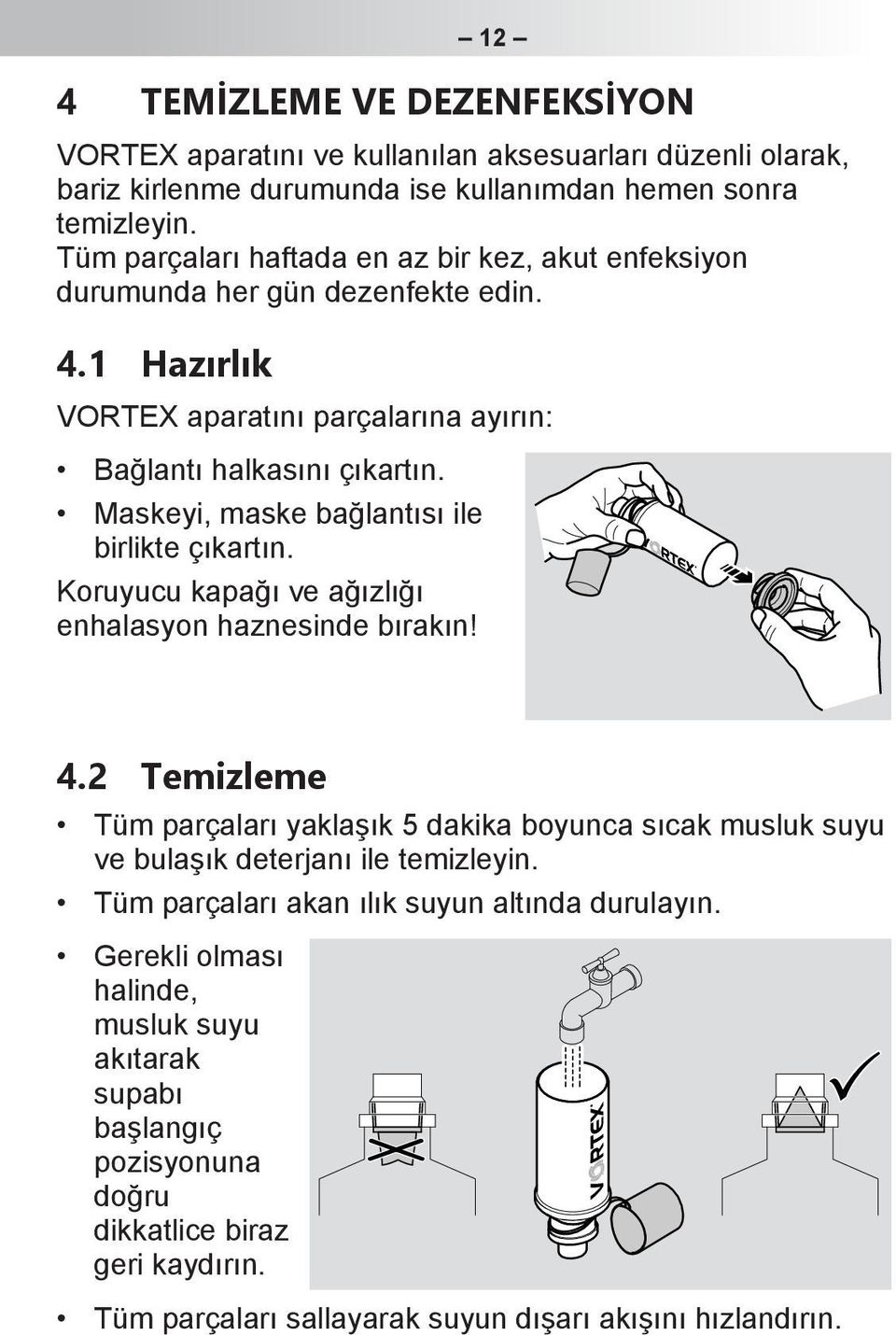 Maskeyi, maske bağlantısı ile birlikte çıkartın. Koruyucu kapağı ve ağızlığı enhalasyon haznesinde bırakın! 12 4.