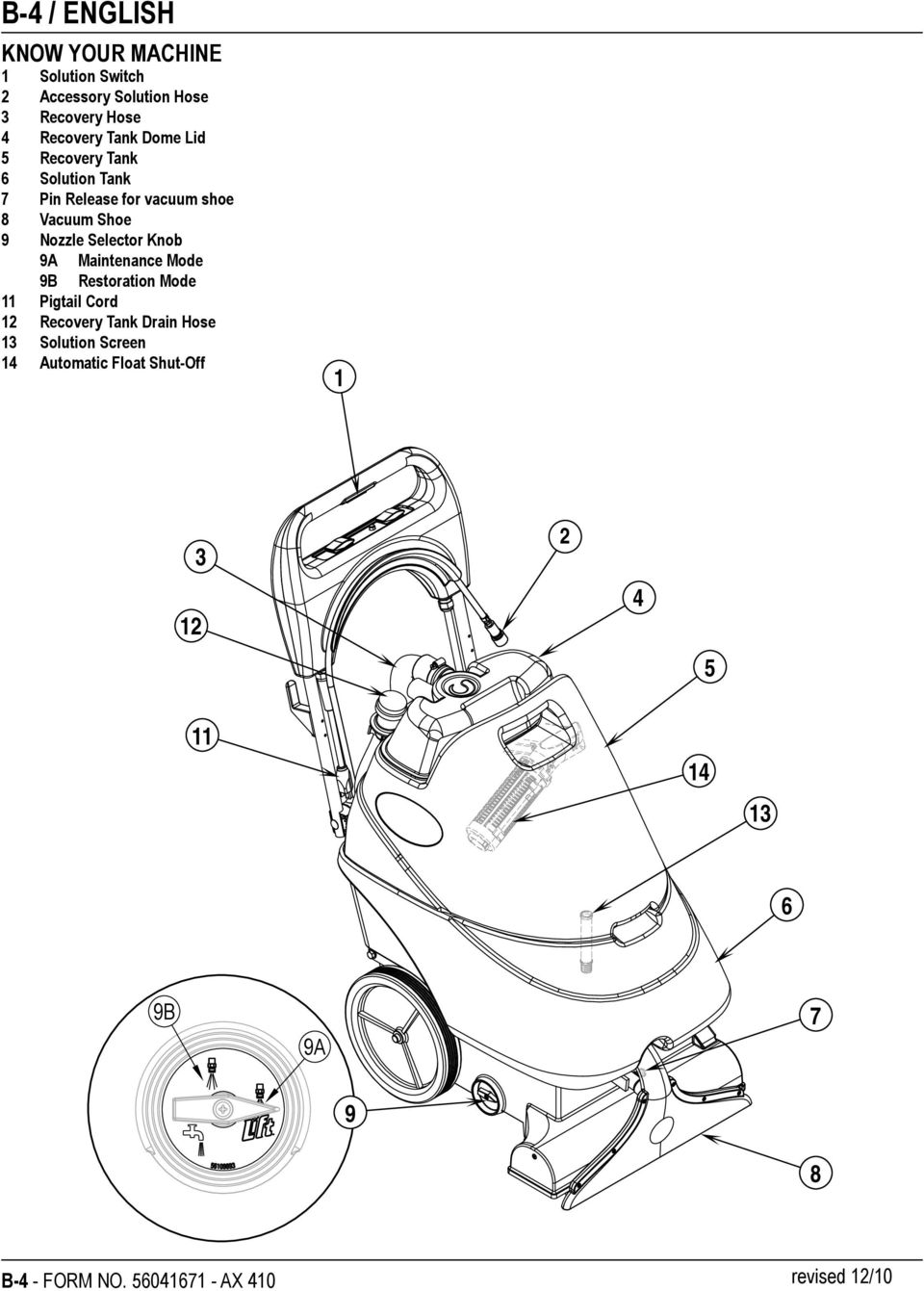 9A Maintenance Mode 9B Restoration Mode 11 Pigtail Cord 12 Recovery Tank Drain Hose 13 Solution Screen 14