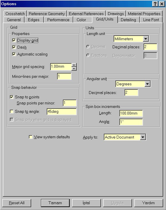 12 Display/Grid Kapat/Aç Aralık Birim Açı Sketch içinde rahat çalışmak amacıyla milimetrik ekranı ( Grid