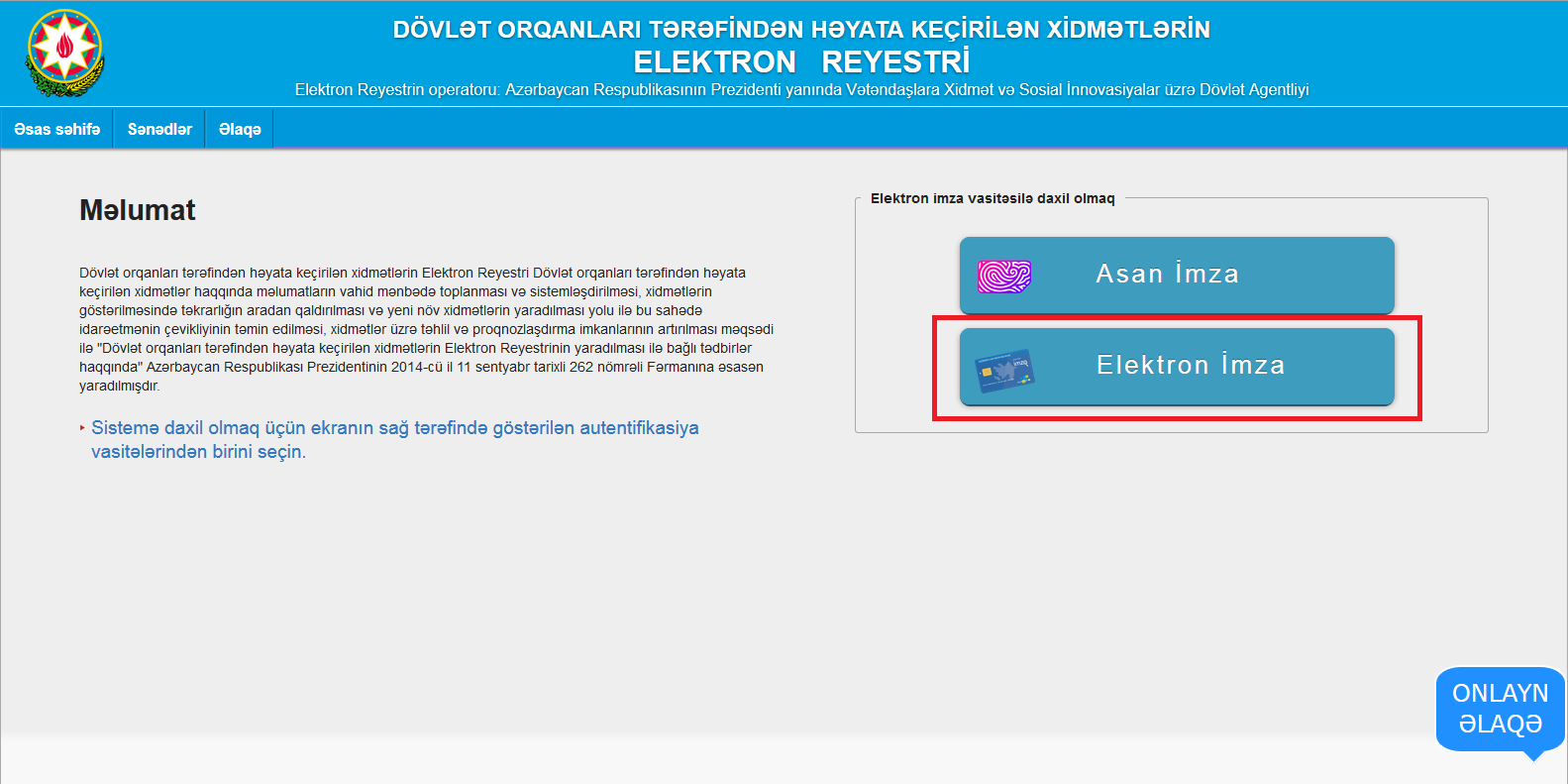 2. Elektron Reyestrin informasiya sisteminə daxil olma 2.1.