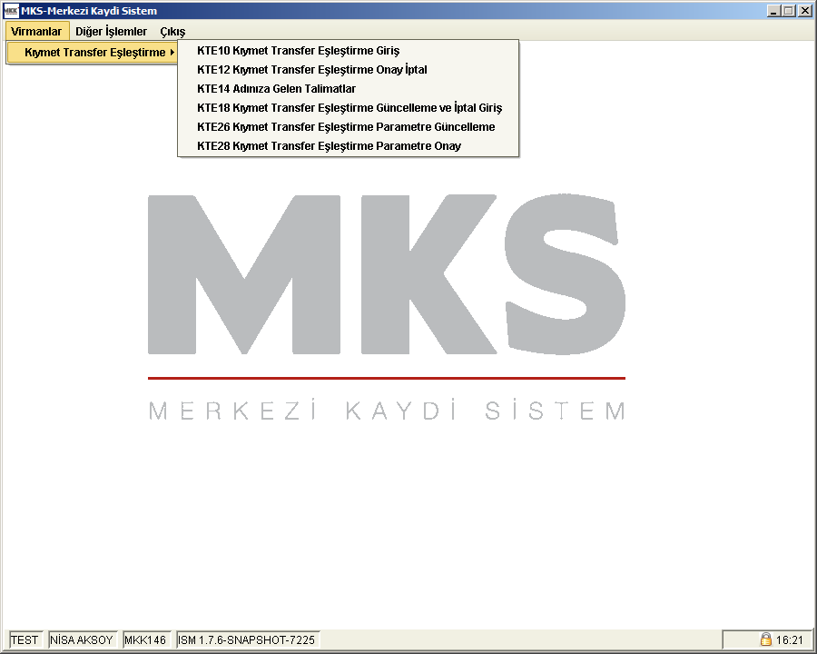 KTE10 Kıymet Transfer Eşleştirme Giriş Giriş: Aracı Kurumlar tarafından Kıymet Transfer Eşleştirme emirlerinin girişi için kullanılan ekrandır.