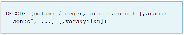 DECODE FONKSİYONU Parametre olarak verilen sütun değerini yorumlayarak yeni değerler