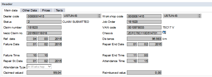3.2 Kleymler: Ayrıntılı içerik Kleym Giriş ekranının bölümleri: Başlık Arızalar İşlem 3.2.1 Başlık Başlık bölümündeki gruplar Ana Veri, Diğer Veri, Fiyat ve Metinler dir: Ana Veri Temel alanlar Kleym numarası, tarihler, Servis kodu, Seri No, Kilometre/Saat ve Değişim tarihidir.