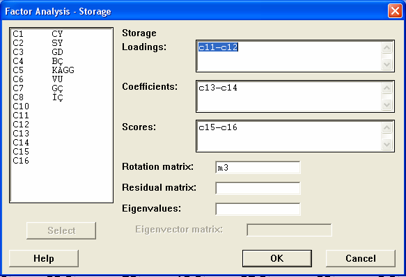 4 Ekran 4.4. Faktör Analizi İşlem Penceresi Storage seçeneği tıklanır ve görüntülenen ekranda yüklerin, katsayıların ve skorların kaydolacağı sütun isimleri iki faktör