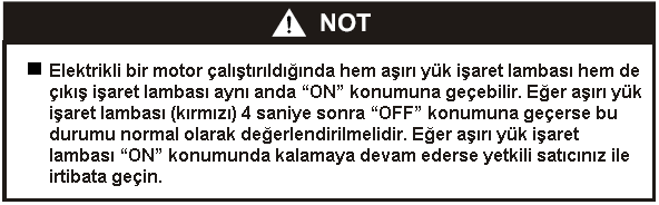 Çıkış ve Aşırı yük İşaretleri Çıkış işaret lambası (yeşil) normal çalışma şartlarında ON durumunda olacaktır. Eğer jeneratöre aşırı yük bindiyse (1.