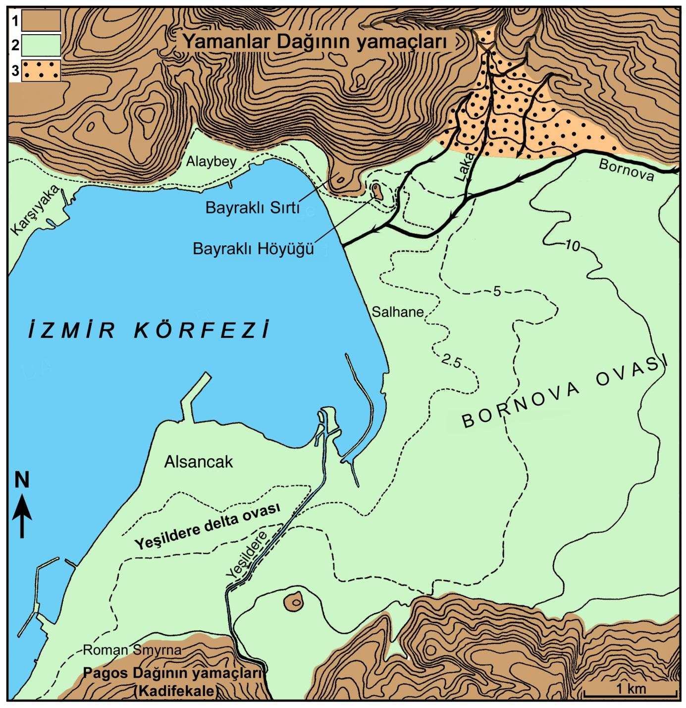 146 Şekil 2. İzmir körfezi iç kesimi ve Bornova kıyıları. Bayraklı höyüğü çevresinin ana jeomorfolojik birimleri.