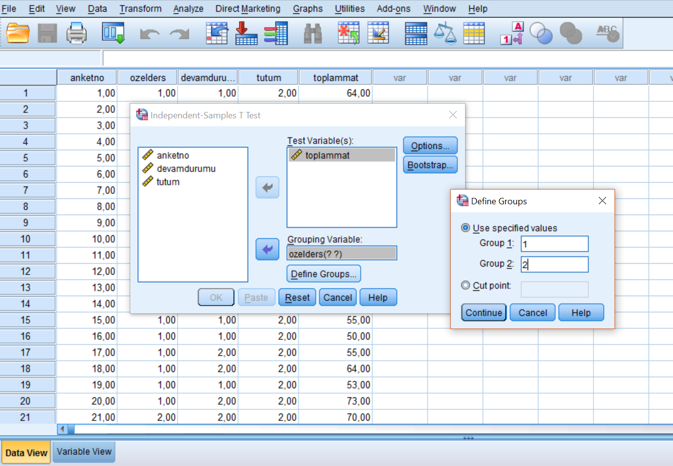 Bağımsız Örneklemler T testi Bağımlı değişken Test Variable a aktarılır. Bağımsız değişken Grouping Variable a aktarılır.