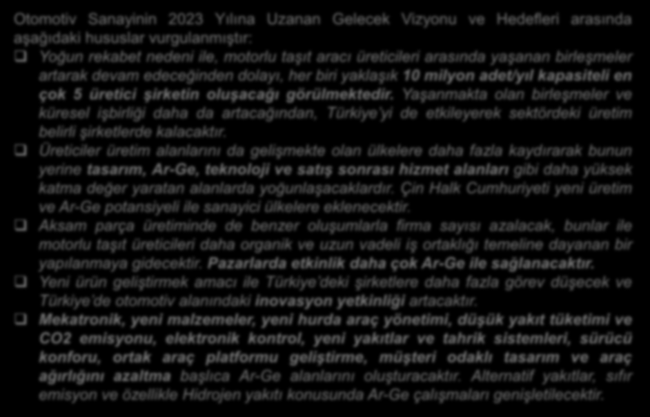 OTOMOTİV SANAYİNİN 2023 VİZYONU Otomotiv Sanayinin 2023 Yılına Uzanan Gelecek Vizyonu ve Hedefleri arasında aşağıdaki hususlar vurgulanmıştır: Yoğun rekabet nedeni ile, motorlu taşıt aracı