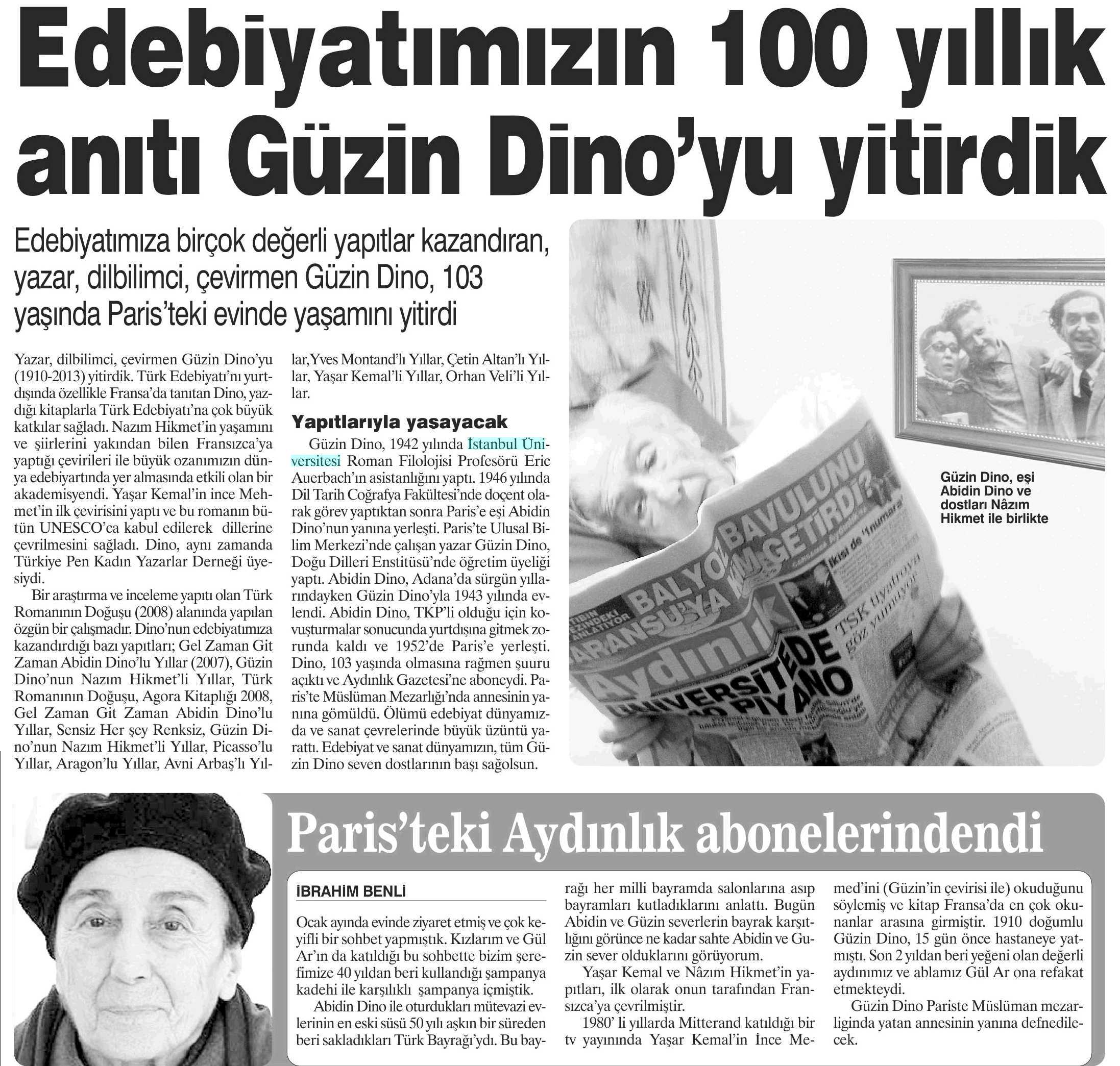 GÜZIN DINO'YU KAYBETTIK Yayın Adı : Aydınlık Gazetesi