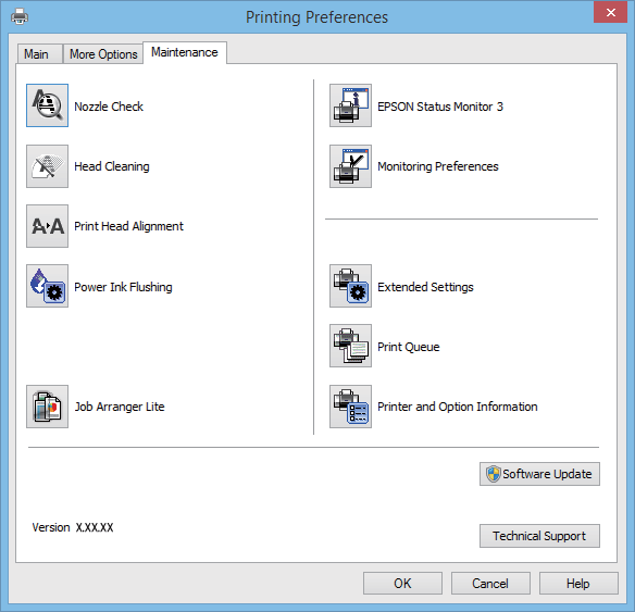 Uygulama Bilgileri Bakım Sekmesi Püskürtme denetimi ve yazdırma kafası temizliği gibi bakım özelliklerini çalıştırabilir ve EPSON Status Monitor 3 uygulamasını çalıştırarak yazıcı durumunu ve hata