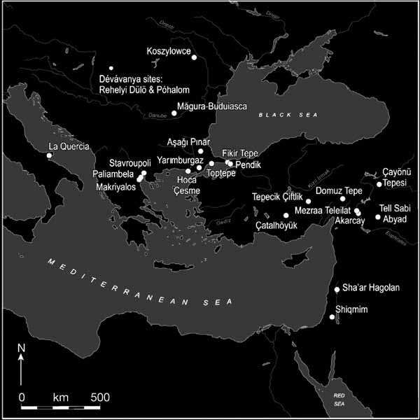 Harita 1: Çanak çömleklerde hayvansal yağ analizi yapılan Ortadoğu ve Balkan yerleşimleri (Evershed ve diğerleri 2008).