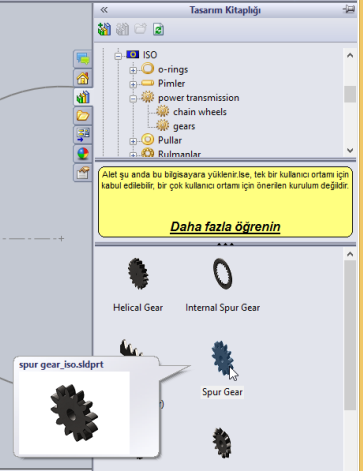 SW de Dişili Çark çifti SW Kütüphanesinden Spur Gear seçilir ve orijin noktasına yakın bir bölgeye