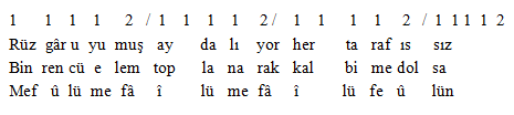 Aruz Vezninin Belli Bir Kalıbında Yazılmış Güftelerin Sengin Semâî Usûlü -45- Ahmet Sedat Mete, Bülent Nuran, Osman Nuri Özpekel, Tolga Bektaş ve Hasan Esen in bazı eserlerinde de Âhenî Çelebi nin