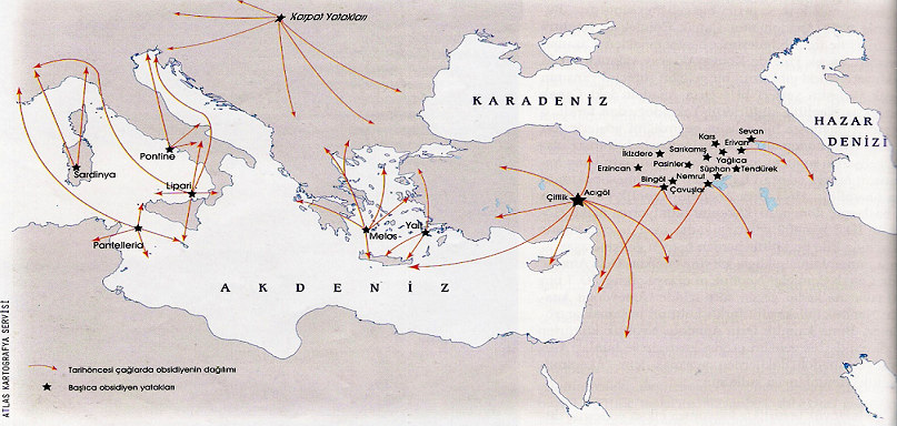 Harita 2 Yakındoğu da obsidyen kaynakları ve obsidyen ticaretine ait bulguların elde edildiği merkezler